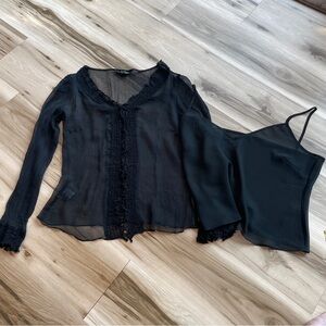 Vintage ECI New York Elegant Black Sheer Blouse and Camisole Set Crepe w Beading